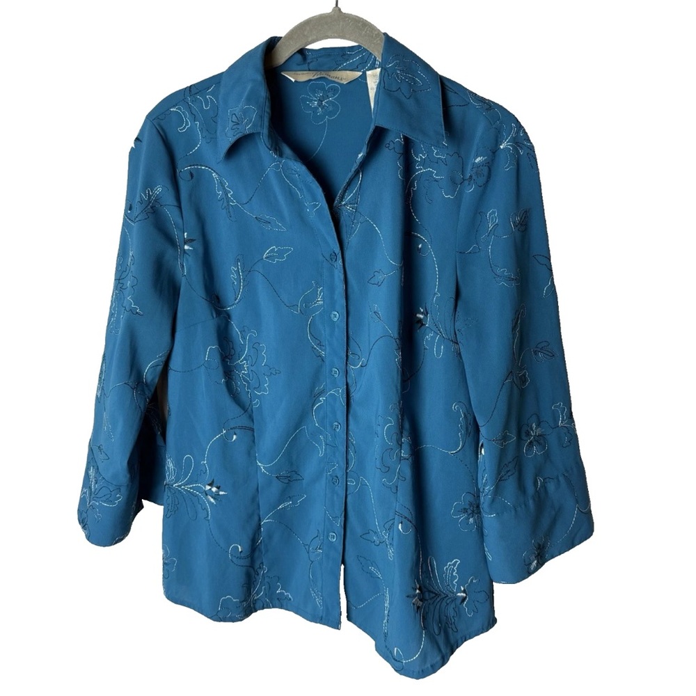 Penmans Shirt Size Medium Blouse Top 3/4 Sleeves Floral Embroidered Blue Black